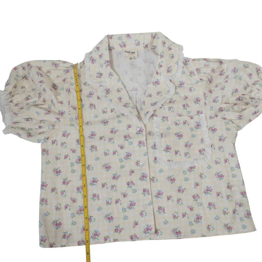 Cottage Core Peach Love Yellow and White Gingham Floral Top SZ S Puff Sleeve - Picture 11 of 13